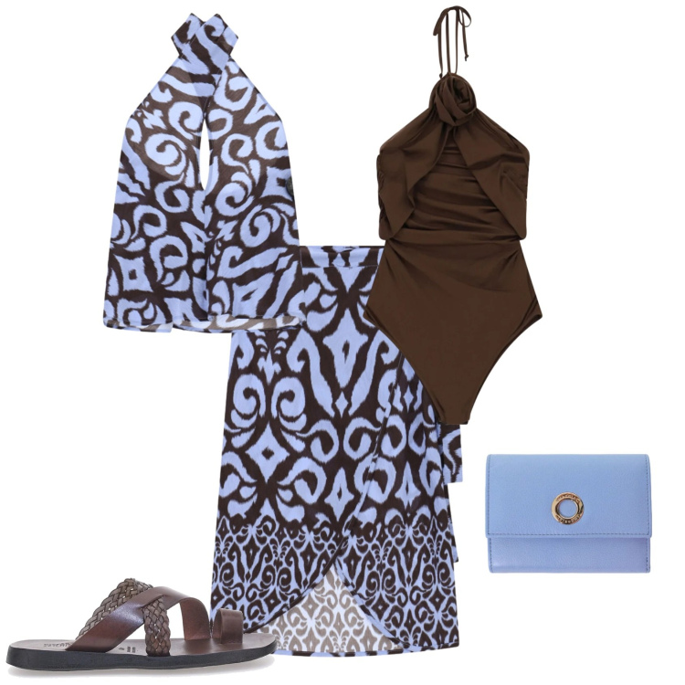 Outfit donna - Aperitivo in spiaggia. Stile Boho per Mare. Abbinamento con costumi interi, portafogli, top, gonne longuette, ciabatte.