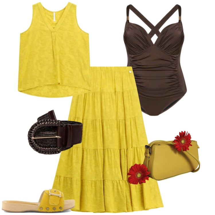 Outfit donna - Aperitivo in spiaggia. Stile Boho per Mare. Abbinamento con gonne lunghe, top, borse a spalla, costumi interi, cinture, ciabatte.