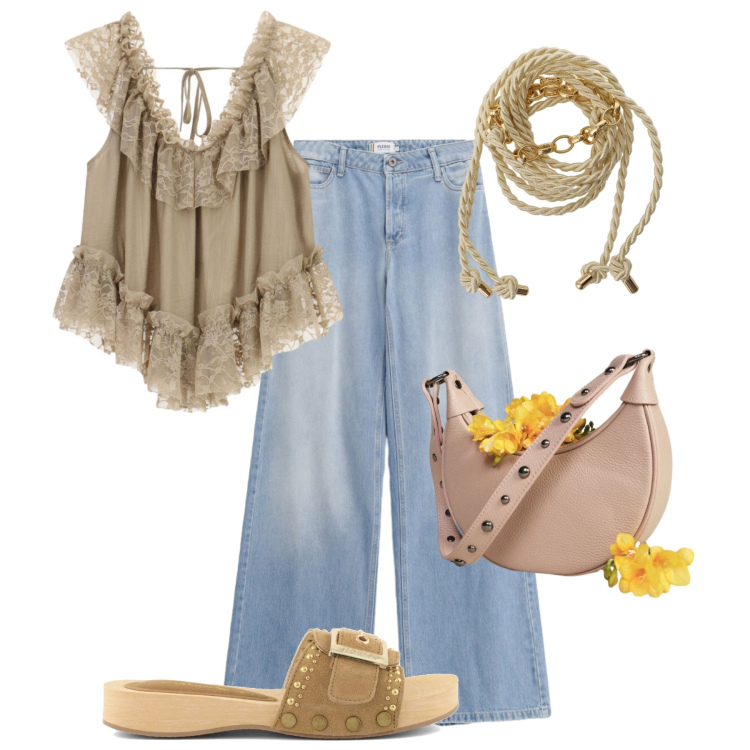 Outfit donna - Please 70s time. Stile 70s per Tutti i giorni. Abbinamento con jeans, top, cinture, borse a spalla, ciabatte.