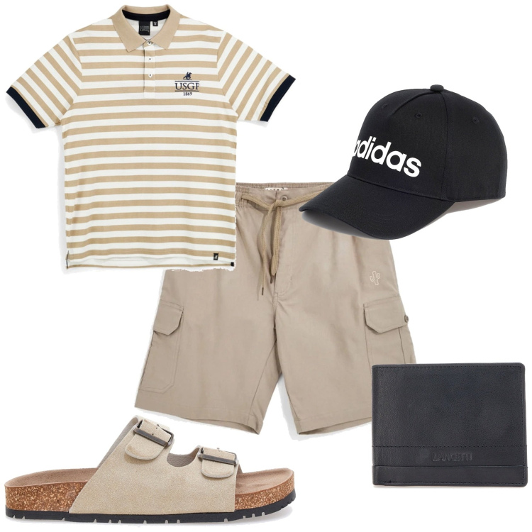 Outfit uomo - Al mare. Stile Casual per Mare. Abbinamento con cappelli, sandali, portafogli, bermuda, polo.