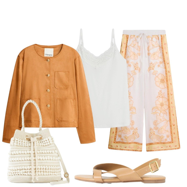 Outfit donna - Serata freschina. Stile Etnico per Tutti i giorni. Abbinamento con pantaloni a palazzo, blazer, sandali, borse a secchiello, top.
