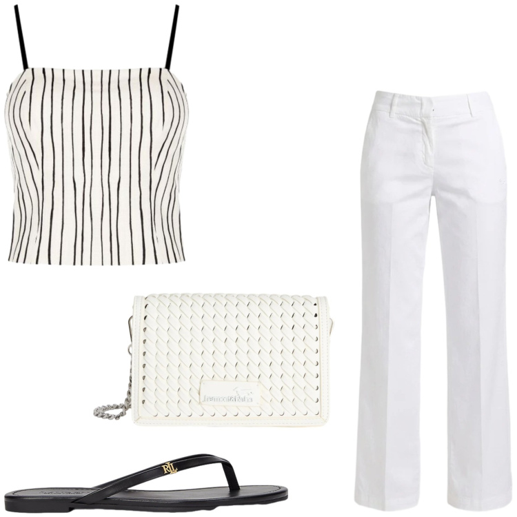 Outfit donna - Giornate all\' aria aperta. Stile Trendy per Tutti i giorni. Abbinamento con borse a tracolla, pantaloni, ciabatte, canottiere.