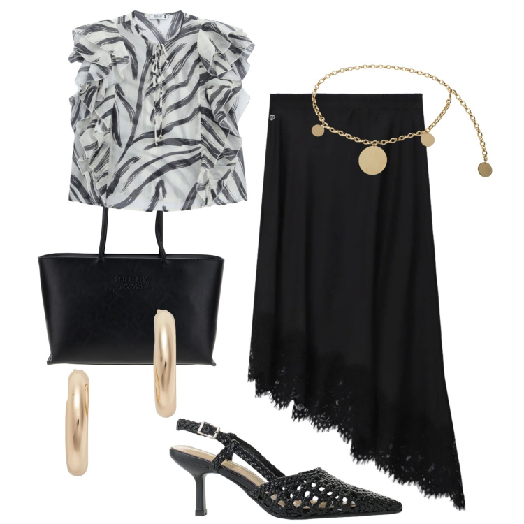 Outfit donna - Please romance. Stile Romantica per Serata fuori. Abbinamento con orecchini, gonne longuette, bluse, cinture, décolleté, borse a spalla.