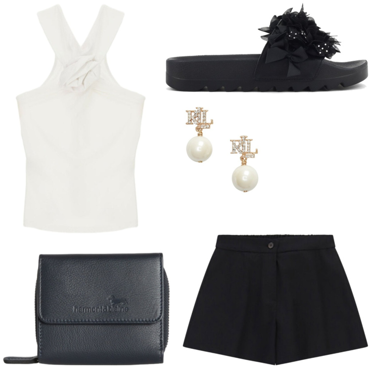 Outfit donna - Look fresco e Chic. Stile Casual chic per Tutti i giorni. Abbinamento con portafogli, orecchini, canottiere, shorts, ciabatte.