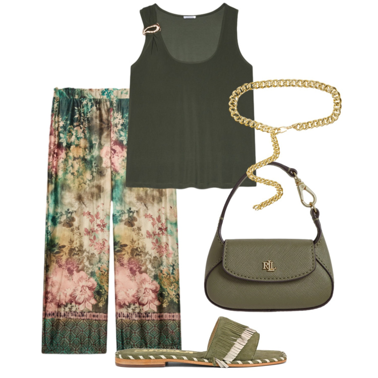 Outfit donna - Aperitivo Fiorella Rubino. Stile Glamour per Serata fuori. Abbinamento con pantaloni, canottiere, cinture, borse a mano, ciabatte.