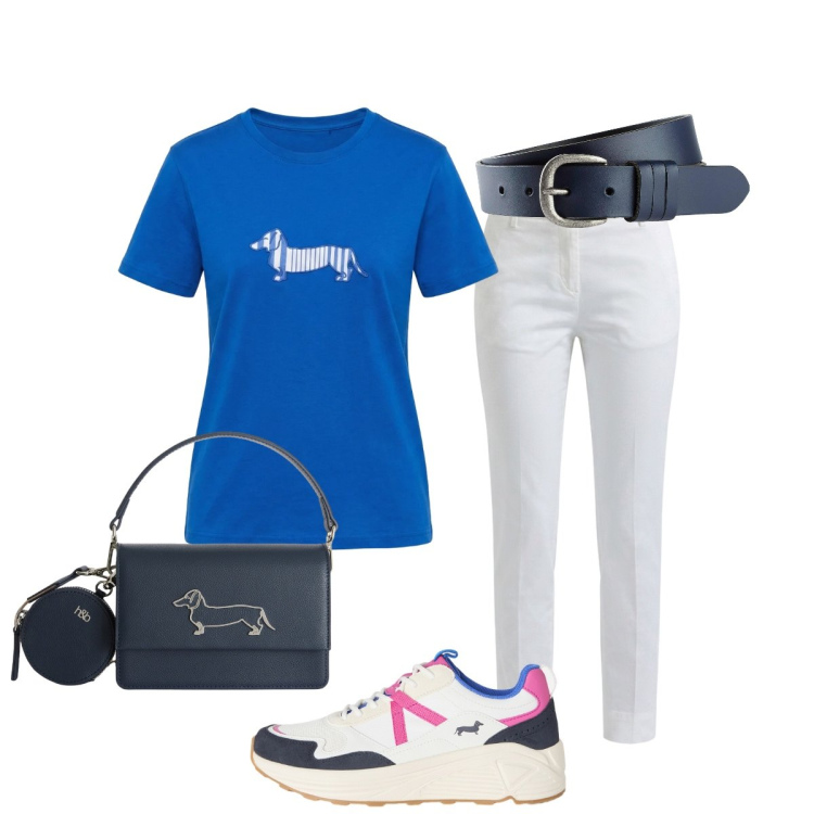 Outfit donna - Casual chic Harmont&Blaine. Stile Casual chic per Scuola/Università. Abbinamento con cinture, pantaloni, t-shirt, sneakers, borse a tracolla.