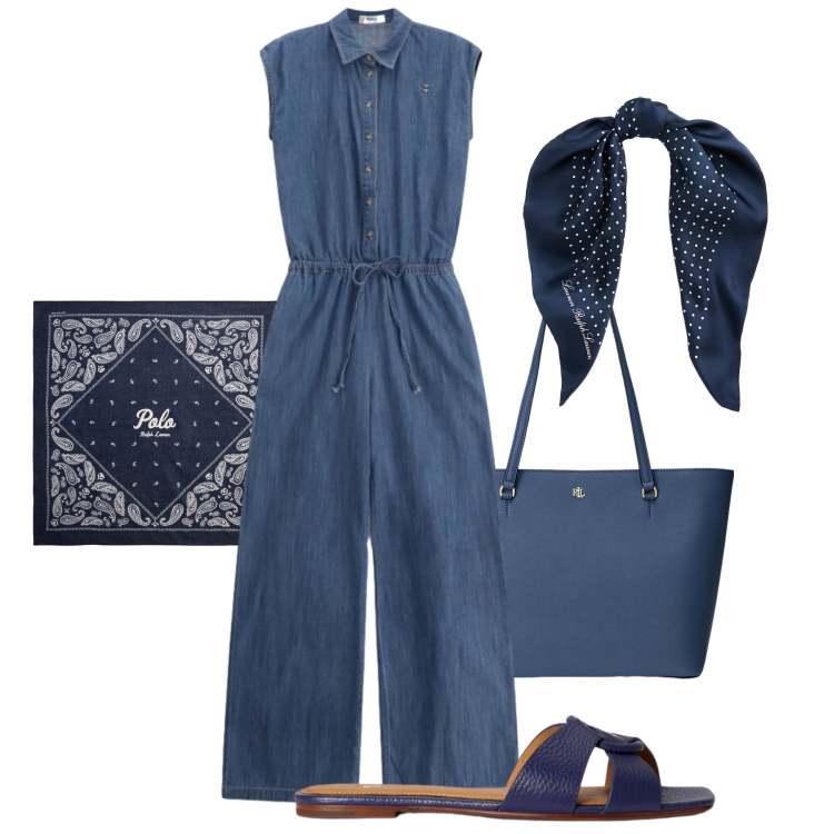 Outfit donna - Jumpsuite in blu. Stile Casual chic per Tutti i giorni. Abbinamento con tute, sandali in pelle, fasce per capelli, borse tote, foulard.