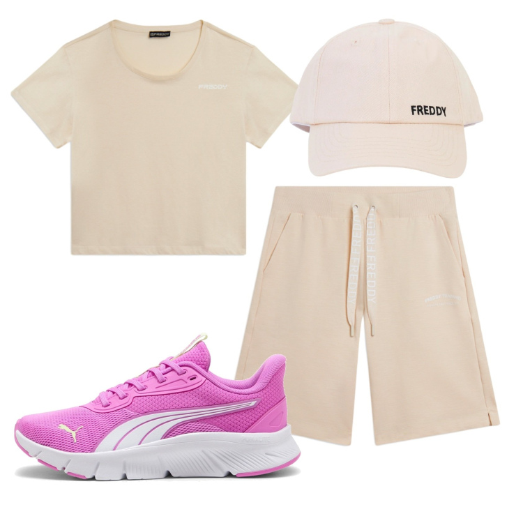 Outfit donna - Total look #2433905. Stile Sporty chic per Sport. Abbinamento con pantaloni corti, t-shirt, cappelli con visiera, sneakers.