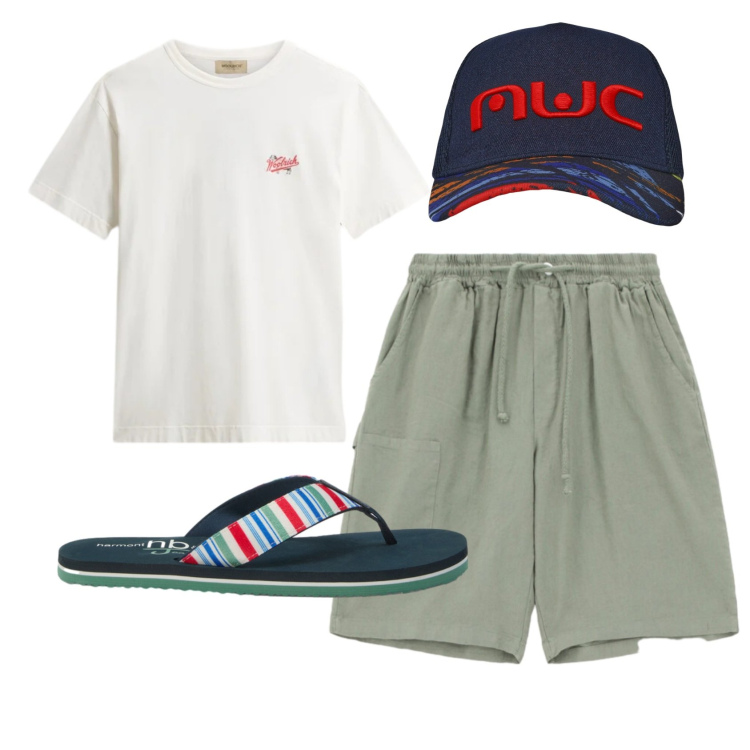 Outfit uomo - Total look #2433913. Stile Casual per Tutti i giorni. Abbinamento con sandali, cappelli con visiera, t-shirt, bermuda.