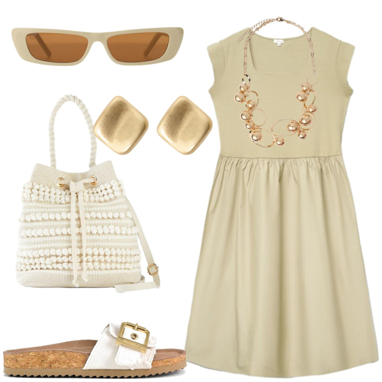 Outfit donna - Tutti i giorni. Stile Casual per Tutti i giorni. Abbinamento con borse a secchiello, vestiti corti, occhiali da sole, orecchini, collane, sandali.