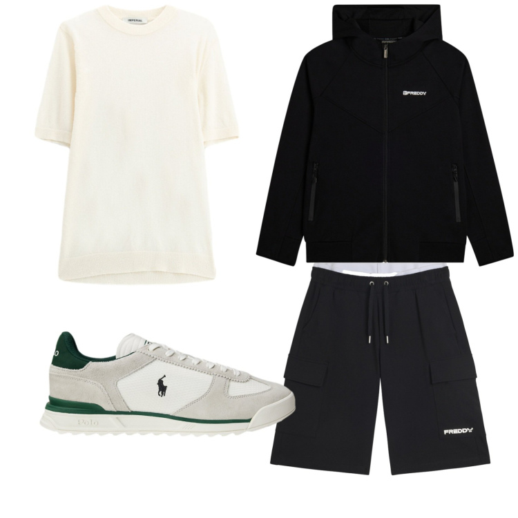 Outfit uomo - Total look #2433920. Stile Casual per Tutti i giorni. Abbinamento con felpe con cappuccio, bermuda, sneakers, t-shirt.
