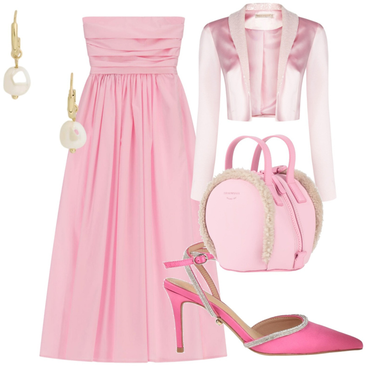 Outfit donna - Chic. Stile Chic per Serata fuori. Abbinamento con décolleté, zaini, bolero, vestiti midi/longuette, orecchini.