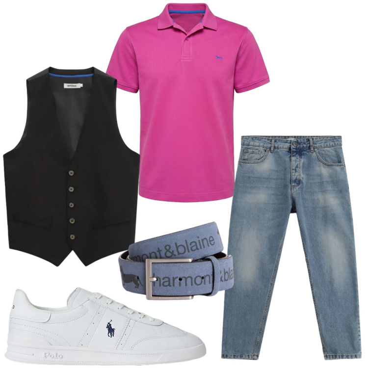 Outfit uomo - Polo protagonista. Stile Casual per Tutti i giorni. Abbinamento con cinture, polo, sneakers, jeans, gilet.