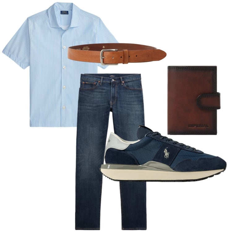 Outfit uomo - Aperitivo al tramonto. Stile Trendy per Serata speciale. Abbinamento con portafogli, cinture, sneakers, camicie a manica corta, jeans.