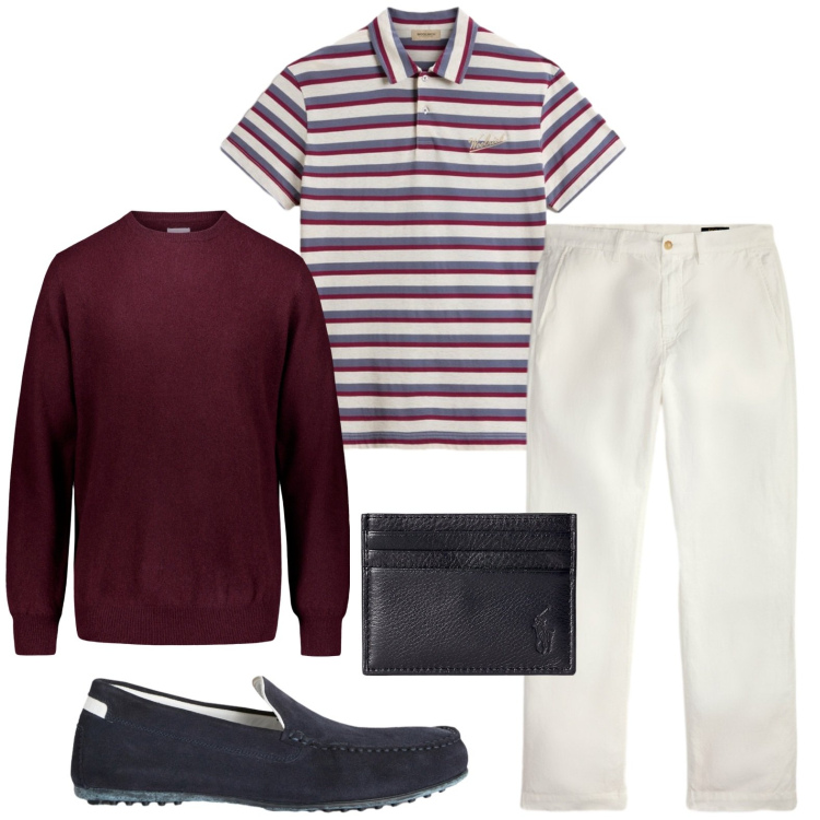 Outfit uomo - Polo protagonista. Stile Casual per Tutti i giorni. Abbinamento con scarpe stringate, polo, pantaloni, portafogli, maglieria.