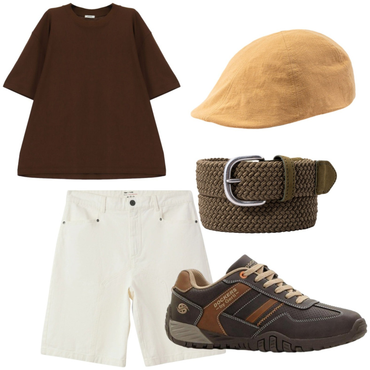 Outfit uomo - Bermuda white. Stile Trendy per Tutti i giorni. Abbinamento con sneakers, bermuda, cappelli con visiera, cinture, t-shirt.