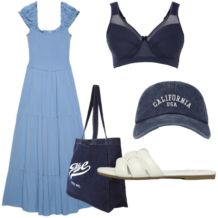 Outfit donna - Abiti fluidi d’estate. Stile Glamour per Tutti i giorni. Abbinamento con reggiseni, vestiti lunghi, cappelli con visiera, ciabatte, shopping bag.