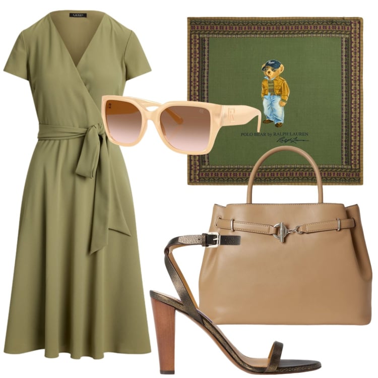 Outfit donna - Abiti fluidi d’estate. Stile Trendy per Ufficio. Abbinamento con vestiti, sandali col tacco, occhiali da sole, borse a mano, foulard.