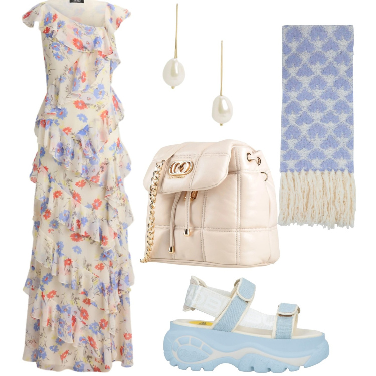 Outfit donna - Abiti fluidi d’estate. Stile Chic per Tutti i giorni. Abbinamento con valigie, sciarpe, sandali col tacco, vestiti asimmetrici, orecchini.