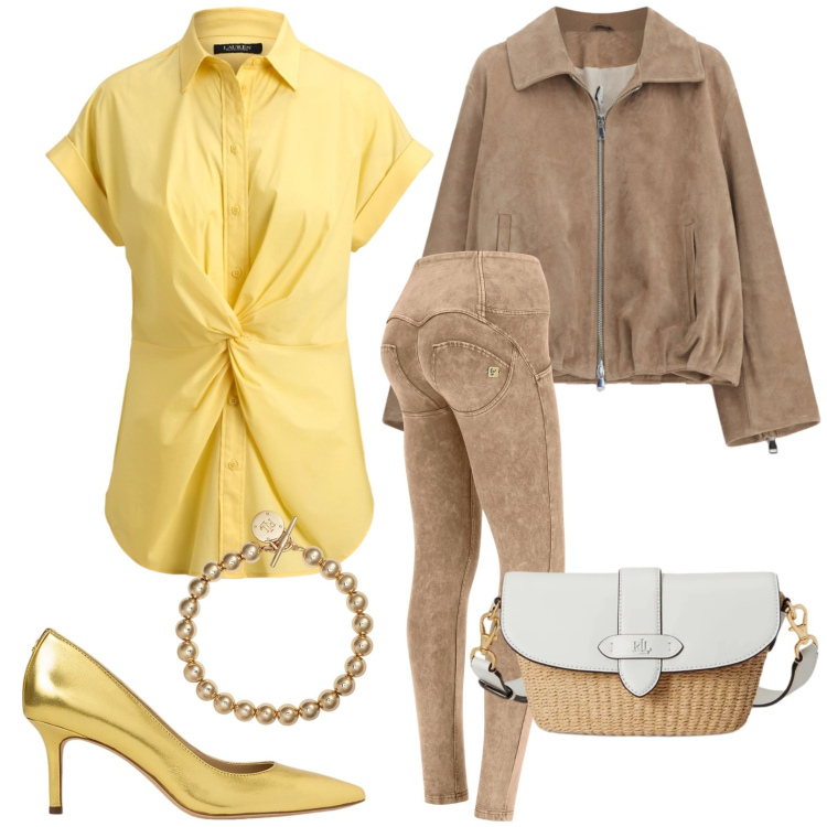 Outfit donna - I colori speziati. Stile Casual per Tutti i giorni. Abbinamento con bomber, pantaloni skinny, braccialetti, décolleté, borse a spalla, camicie a manica corta.
