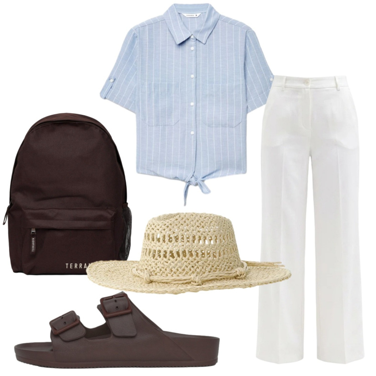 Outfit donna - Lino e leggerezza. Stile Romantica per Tutti i giorni. Abbinamento con zaini, camicie a manica corta, ciabatte, cappelli, pantaloni.