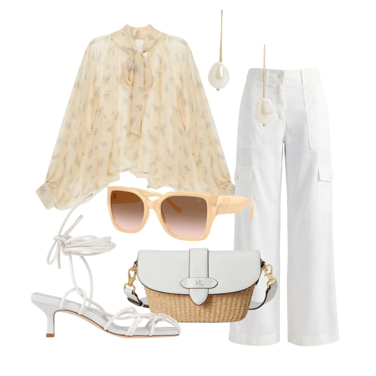 Outfit donna - Luglio. Stile Chic per Tutti i giorni. Abbinamento con sandali col tacco, pantaloni cargo, occhiali da sole, borse a spalla, orecchini, bluse.