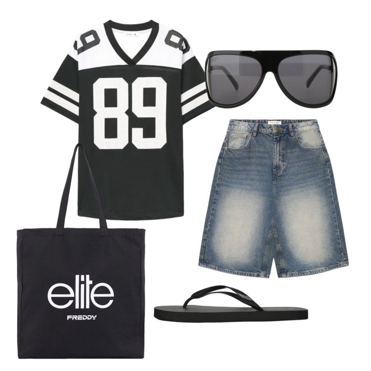 Outfit donna - Luglio. Stile Urban per Tutti i giorni. Abbinamento con pantaloni corti, infradito, t-shirt, occhiali da sole, shopping bag.