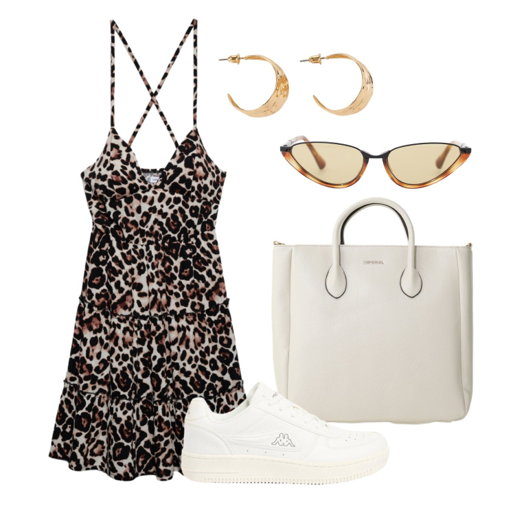 Outfit donna - Luglio. Stile Trendy per Tutti i giorni. Abbinamento con sneakers, orecchini, vestiti corti, borse a tracolla, occhiali da sole.