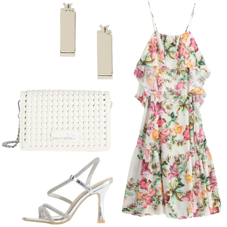 Outfit donna - Serata di luglio. Stile Romantica per Serata fuori. Abbinamento con borse a tracolla, vestiti lunghi, orecchini, sandali col tacco.