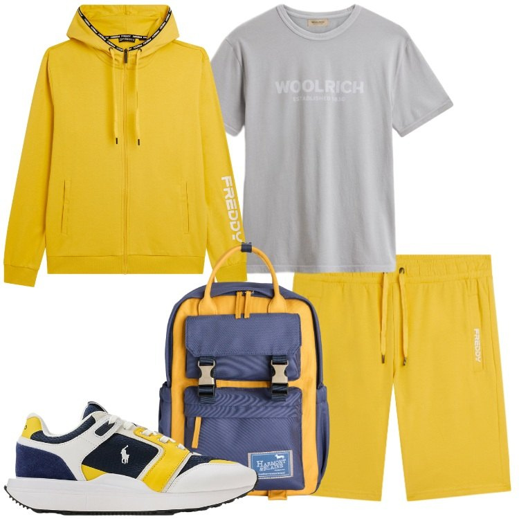 Outfit uomo - Sportivo. Stile Casual per Sport. Abbinamento con borse sportive, felpe con cappuccio, pantaloni corti, t-shirt, sneakers.