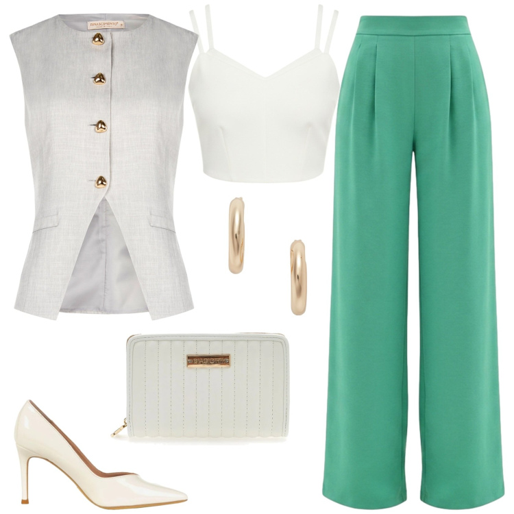Outfit donna - Il gilet. Stile Casual chic per Cerimonia. Abbinamento con orecchini, pantaloni a palazzo, gilet, top, décolleté, portafogli.