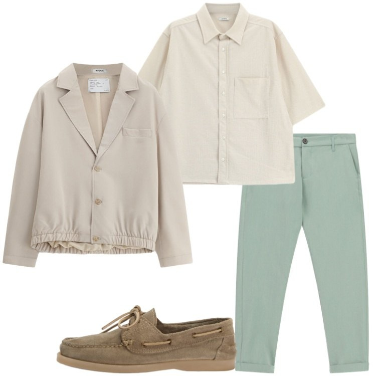 Outfit uomo - Smart casual toni naturali. Stile Business/Elegante per Ufficio. Abbinamento con scarpe stringate, giacche, pantaloni, camicie a manica corta.