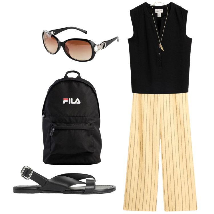 Outfit donna - Finalmente si parte. Stile Casual per Tutti i giorni. Abbinamento con sandali, pantaloni, top, zaini, collane, occhiali da sole.