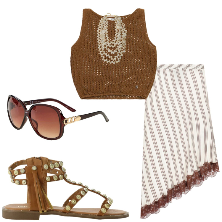 Outfit donna - Aperitivo al tramonto. Stile Casual chic per Serata fuori. Abbinamento con occhiali da sole, sandali, collane, gonne longuette, top.
