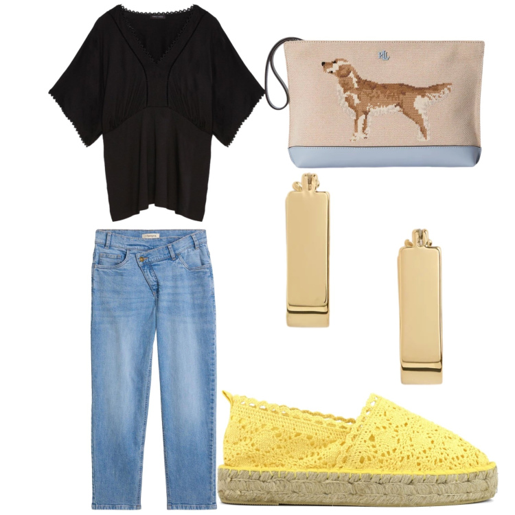Outfit donna - Eleganza informale. Stile Minimal per Tutti i giorni. Abbinamento con t-shirt, orecchini, pochette, espadrillas, jeans mom.