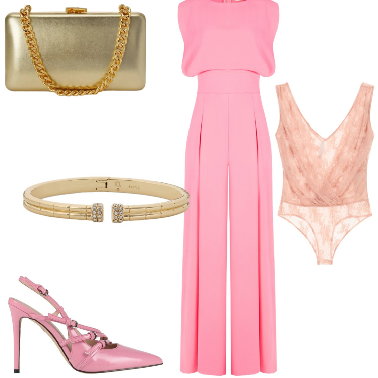 Outfit donna - Sfumature vitaminiche. Stile Chic per Serata fuori. Abbinamento con décolleté, clutch, braccialetti, tute, body.