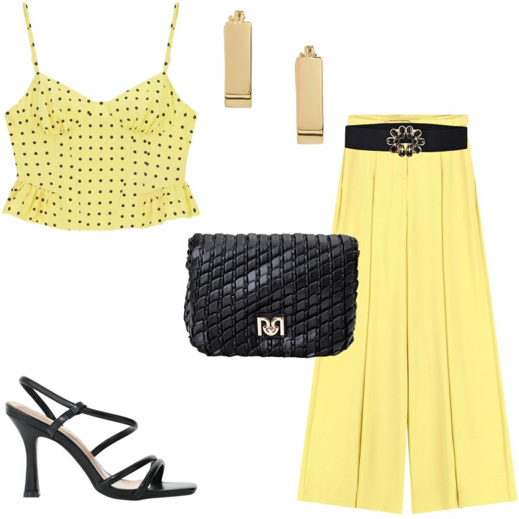 Outfit donna - Sfumature vitaminiche. Stile Casual chic per Serata fuori. Abbinamento con orecchini, borse a tracolla, cinture, sandali col tacco, canottiere, pantaloni a palazzo.
