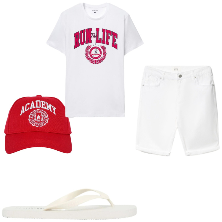 Outfit uomo - Al mare. Stile Casual per Tutti i giorni. Abbinamento con cappelli, t-shirt, bermuda, sandali.