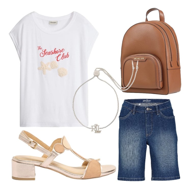 Outfit donna - Bonprix to school. Stile Basic per Scuola/Università. Abbinamento con zaini, bermuda, sandali col tacco, t-shirt, braccialetti.