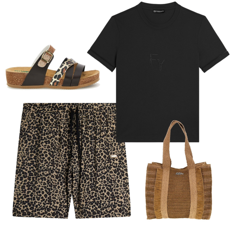 Outfit donna - Comfort e stile. Stile Casual per Tutti i giorni. Abbinamento con t-shirt, pantaloni corti, ciabatte, borse a spalla.