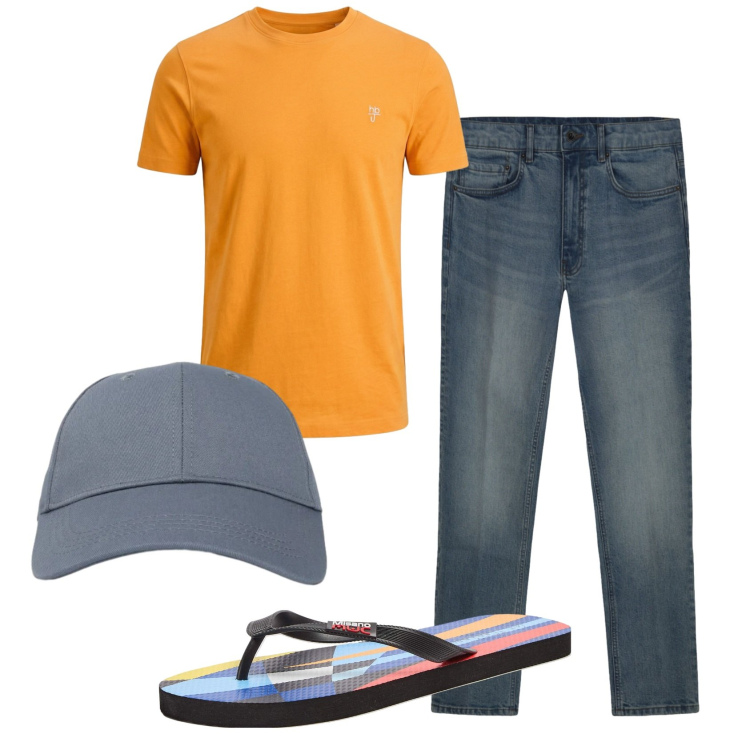 Outfit uomo - Total look #2434013. Stile Casual per Tutti i giorni. Abbinamento con t-shirt, sandali, cappelli con visiera, jeans.