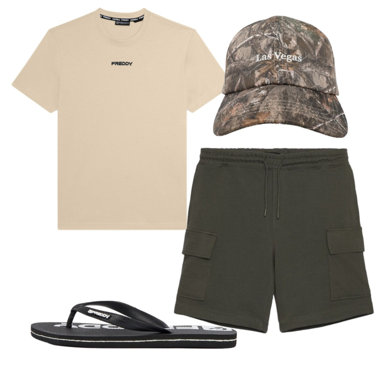 Outfit uomo - Total look #2434014. Stile Casual per Tutti i giorni. Abbinamento con cappelli con visiera, bermuda, sandali, t-shirt.