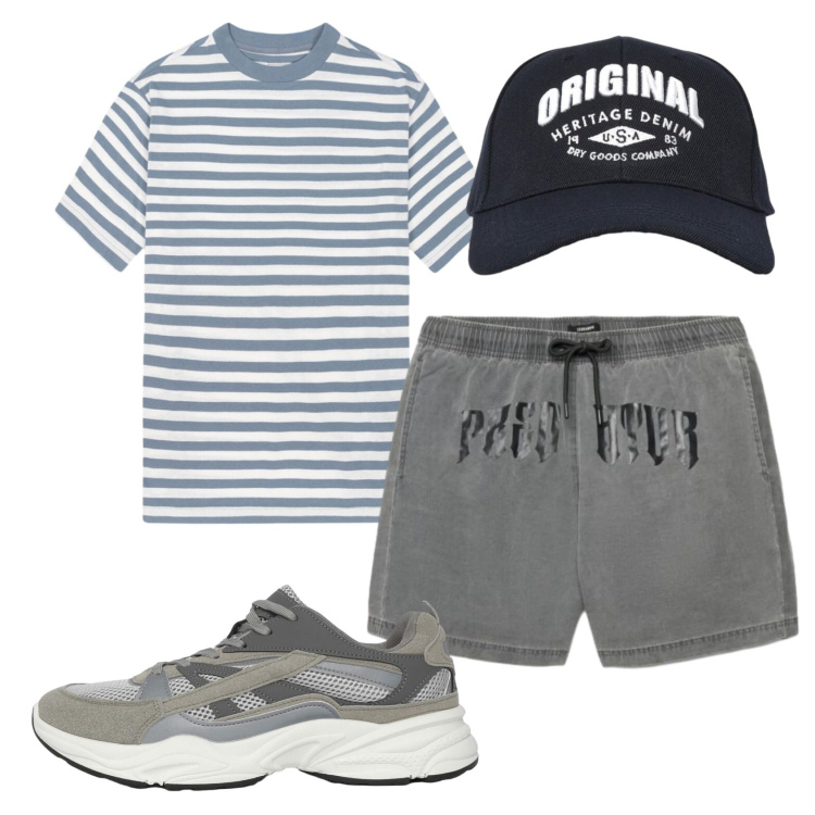 Outfit uomo - Total look #2434015. Stile Casual per Tutti i giorni. Abbinamento con sneakers, cappelli con visiera, bermuda, t-shirt.