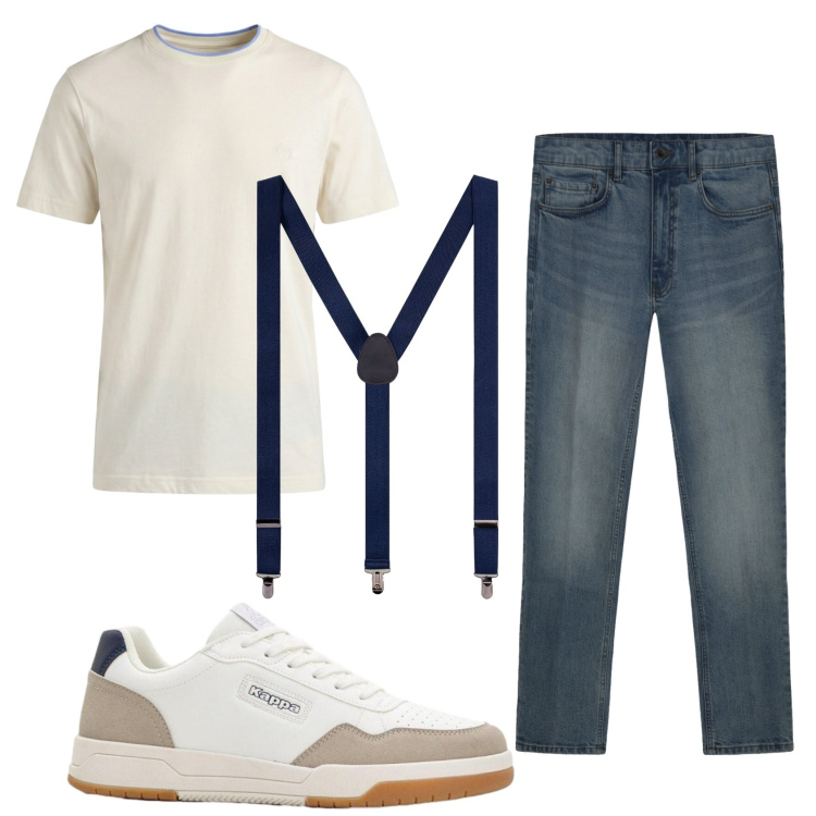 Outfit uomo - Total look #2434016. Stile Trendy per Tutti i giorni. Abbinamento con sneakers, t-shirt, jeans, bretelle.