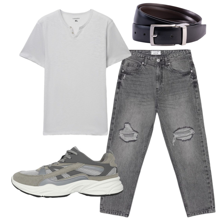 Outfit uomo - Total look #2434020. Stile Casual per Tutti i giorni. Abbinamento con sneakers, jeans strappati, t-shirt, cinture.