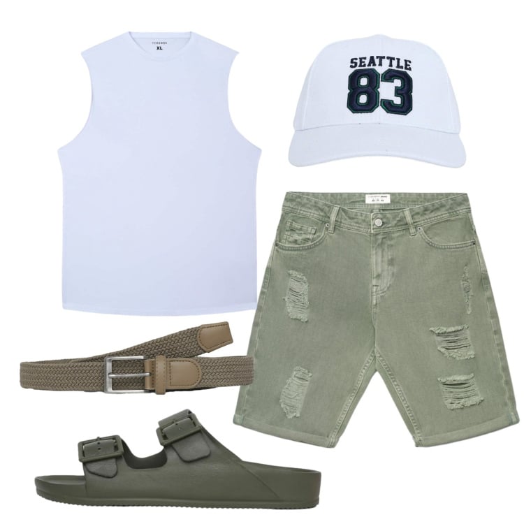 Outfit uomo - Total look #2434028. Stile Biker Rock per Tutti i giorni. Abbinamento con cappelli, canottiere, cinture, bermuda, sandali.