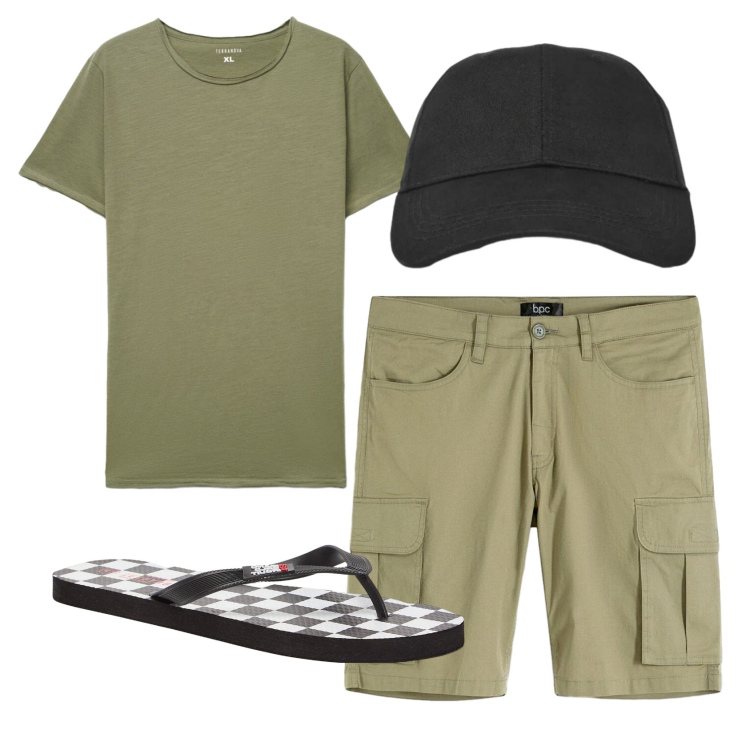 Outfit uomo - Total look #2434031. Stile Casual per Tutti i giorni. Abbinamento con bermuda, t-shirt, cappelli con visiera, sandali.