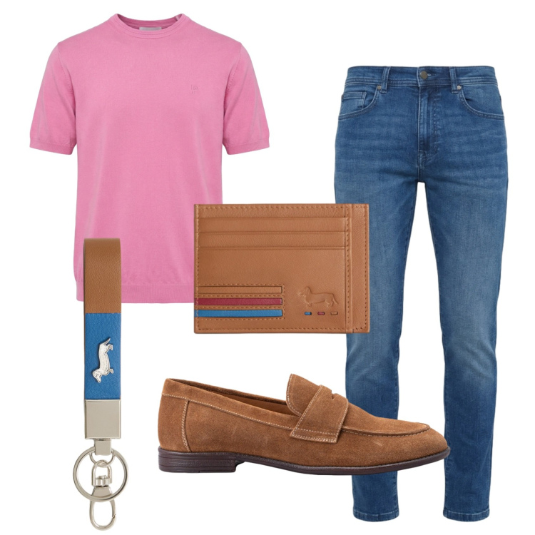 Outfit uomo - Total look #2434048. Stile Trendy per Serata speciale. Abbinamento con jeans slim fit, portachiavi, portafogli, t-shirt, scarpe stringate.