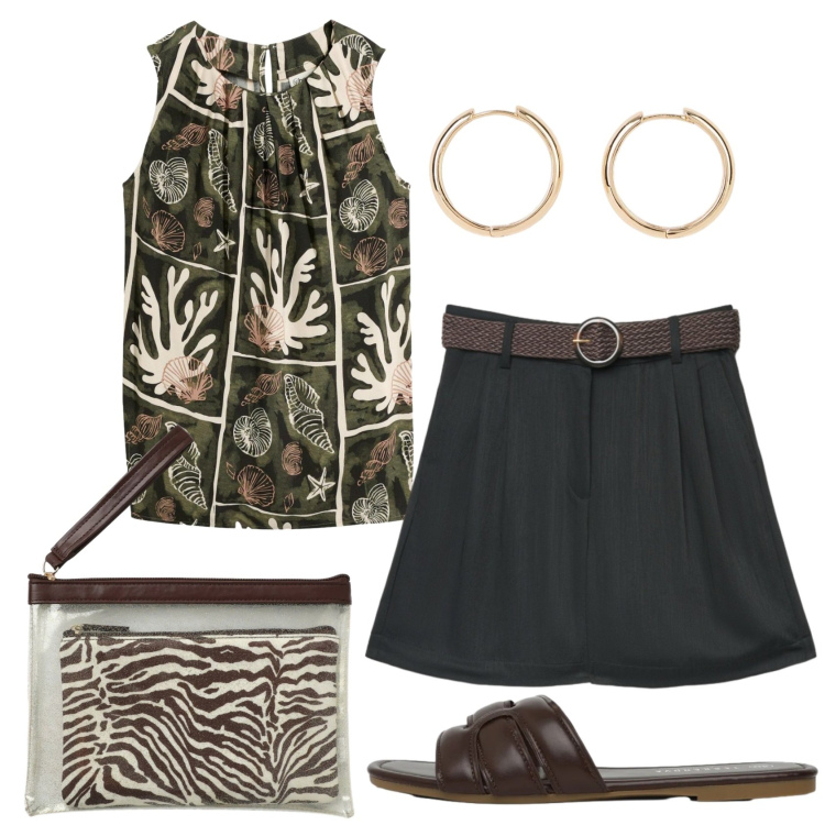 Outfit donna - Total look #2434052. Stile Etnico per Tutti i giorni. Abbinamento con orecchini, canottiere, pochette, bermuda, ciabatte.