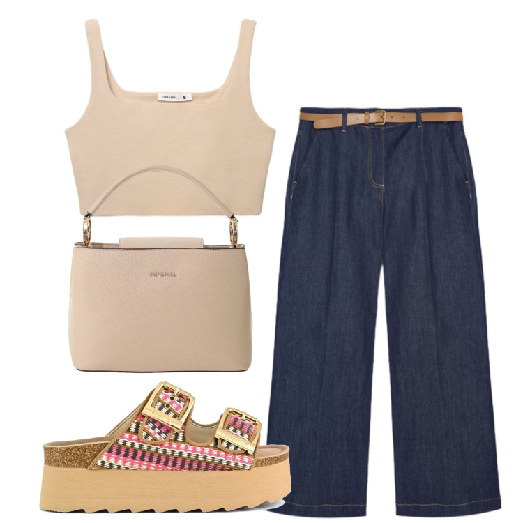 Outfit donna - Total look #2434057. Stile Casual per Tutti i giorni. Abbinamento con canottiere, borse a secchiello, jeans, sandali.